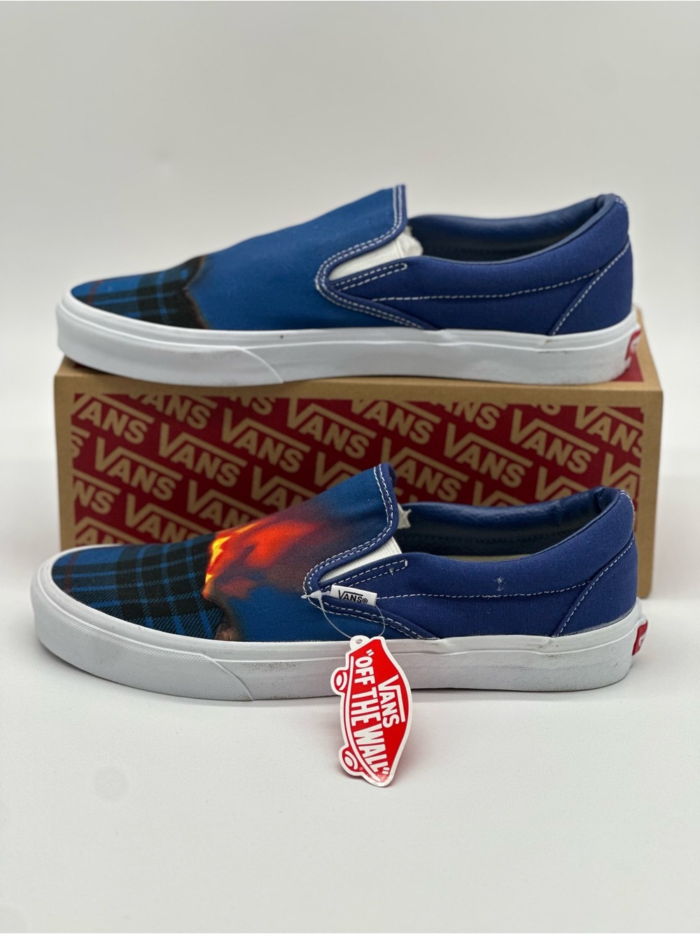 Vans Blue Plaid Slip-On Sneakers with Orange Accent